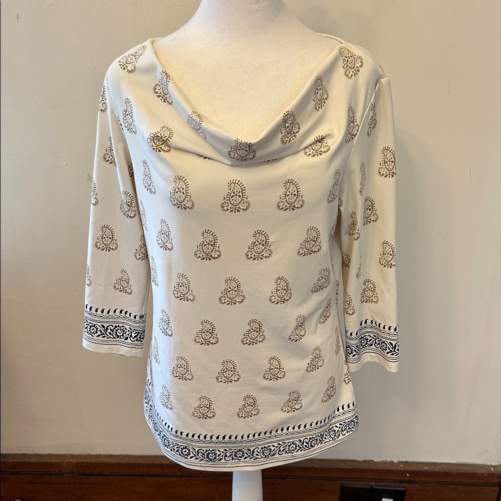 J.McLaughlin cream paisley 3/4 length sleeve blouse Size M EUC